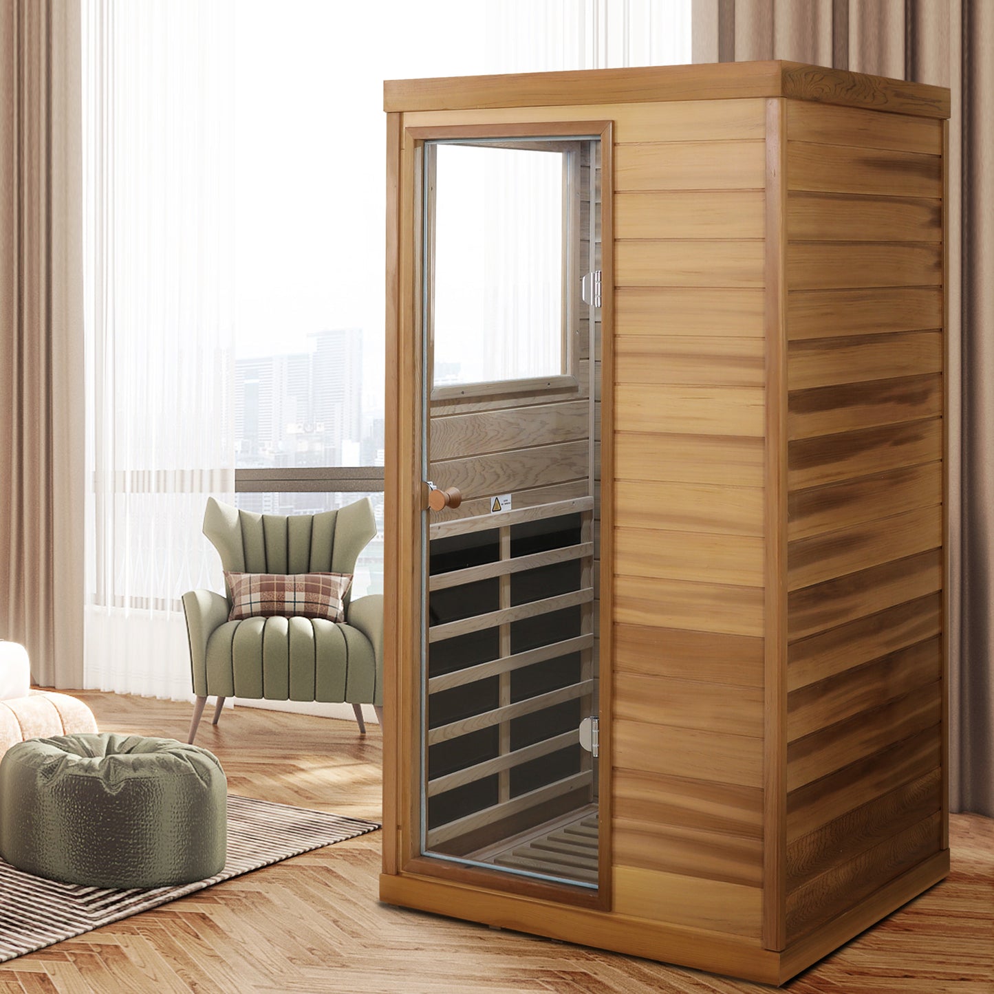 1-Person Indoor Far Infrared Sauna with Left Glass Door, 36x28x62 in, LCD, Bluetooth, 1050W Red Cedar