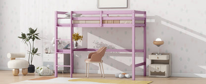 Pink Twin High Loft Bed with Built-in Desk and Safety Guardrails - Rubber Wood Design