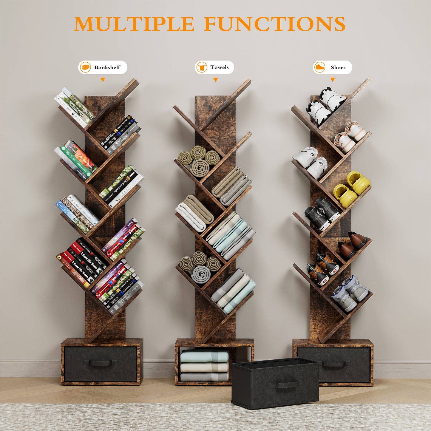 9-Tier Rustic Tree-Shaped Bookshelf with Drawer, Modern Free-Standing Organizer for Home Office and Living Room