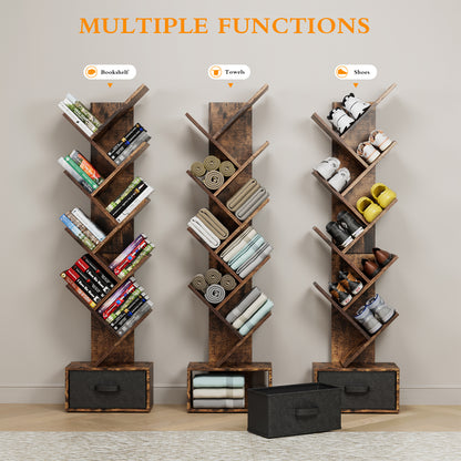 9-Tier Rustic Tree-Shaped Bookshelf with Drawer, Modern Free-Standing Organizer for Home Office and Living Room