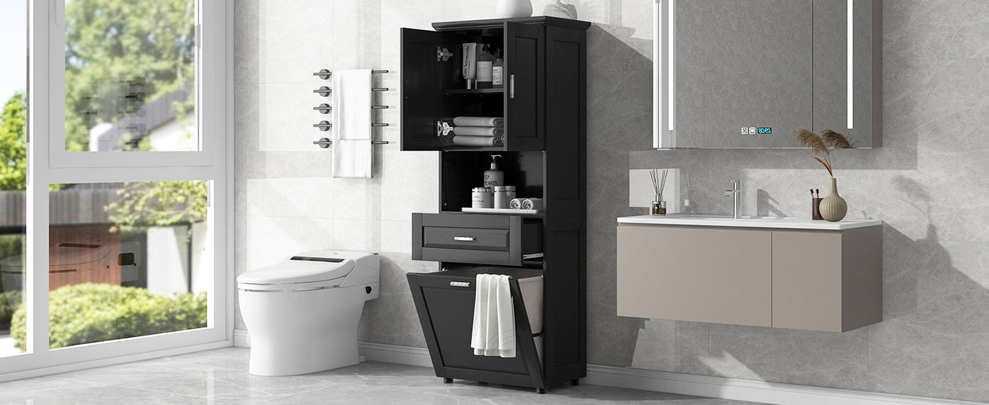 Stylish Tall Black Bathroom Storage Cabinet with Removable Laundry Basket and Ample Organizing Space