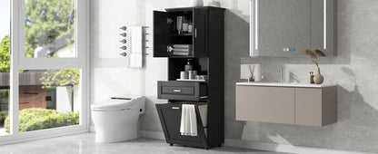 Stylish Tall Black Bathroom Storage Cabinet with Removable Laundry Basket and Ample Organizing Space
