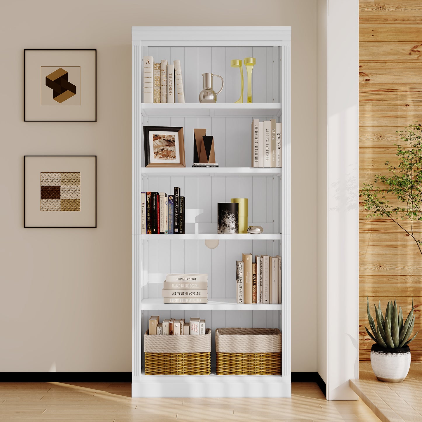 Modern 5-Tier White Wooden Bookcase with Adjustable Shelves for Home and Office Storage