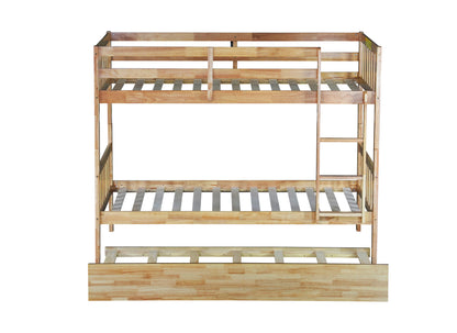 Convertible Twin Over Twin Bunk Bed with Trundle, Rubber Wood Design, Ladder & Safety Guardrails, Natural Finish