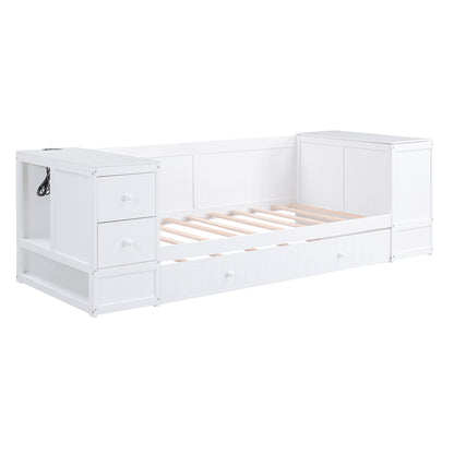 Elegant Twin Size Daybed with Storage and USB Charging, White