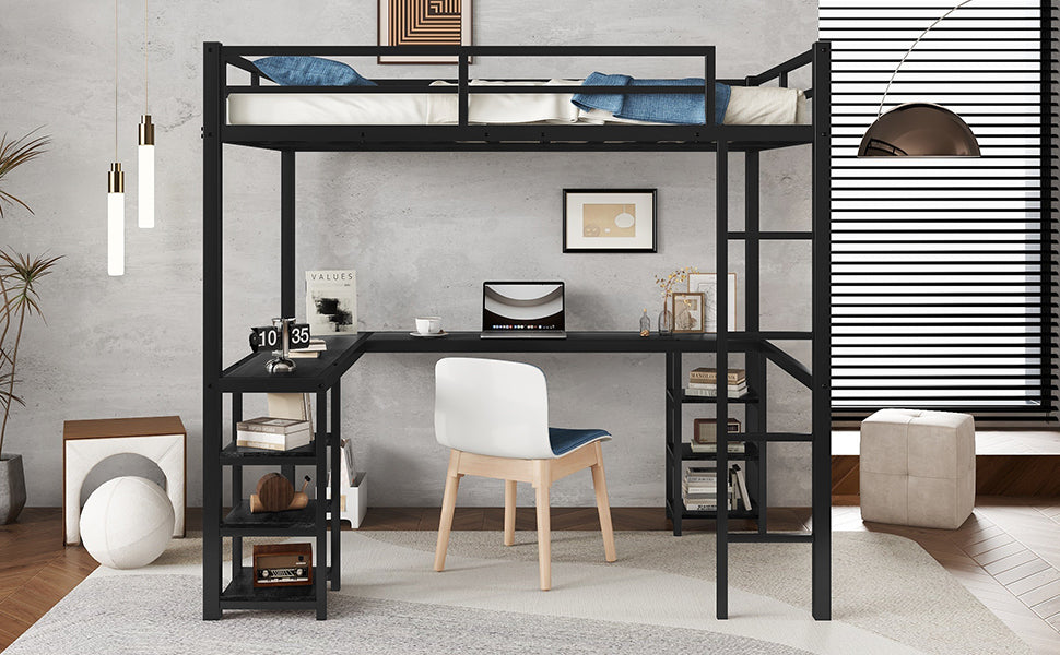 Stylish Black Metal Loft Bed with Integrated Desk and Storage Shelves