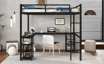 Stylish Black Metal Loft Bed with Integrated Desk and Storage Shelves