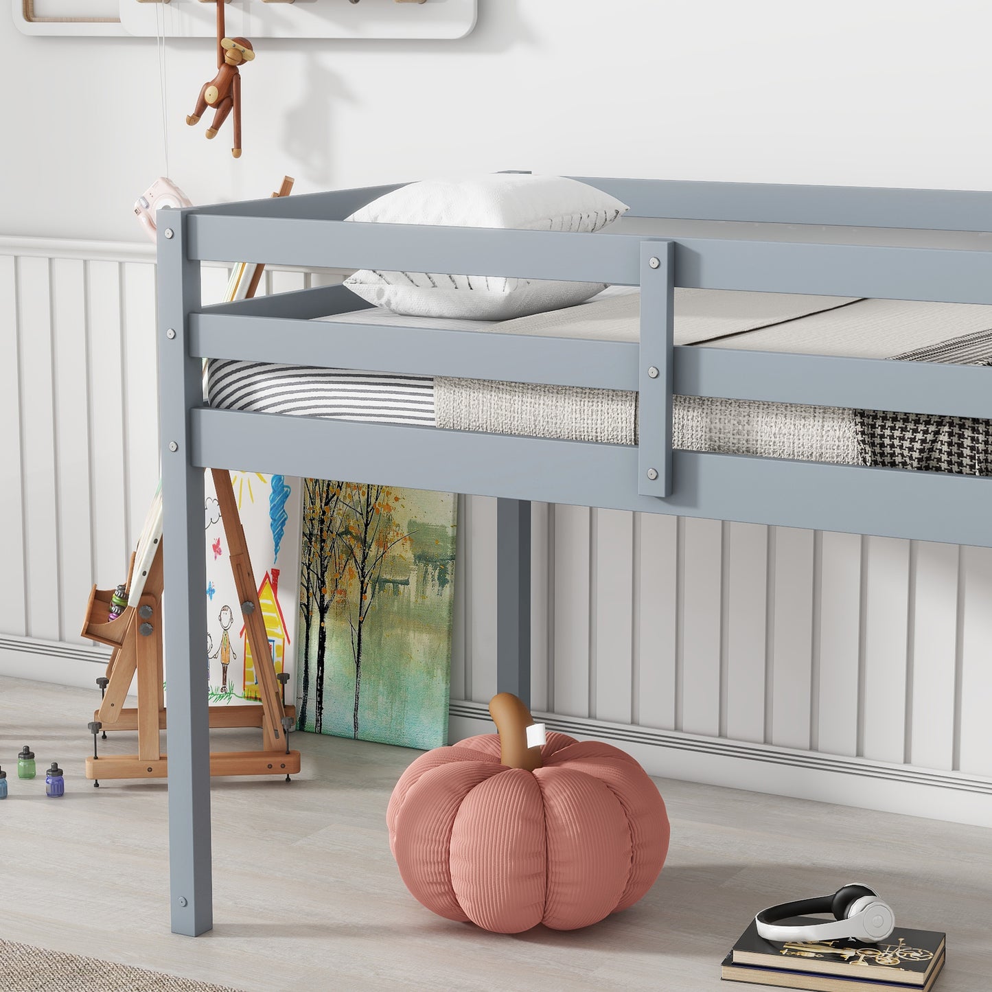 Grey Solid Rubber Wood Twin Loft Bed with Ladder and Sturdy Slat Support