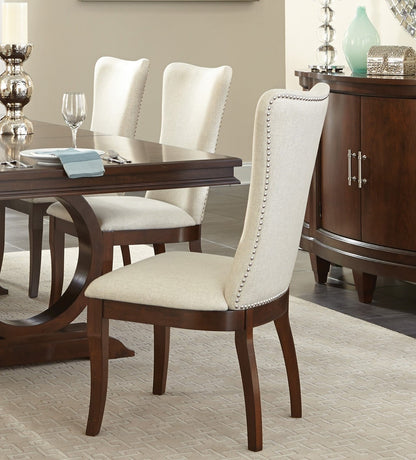 Set of 2 Dining Side Chairs, Off-White Fabric, Nailhead Trim, Wood Frame, 21W x 25D x 40.5H, Dark Cherry