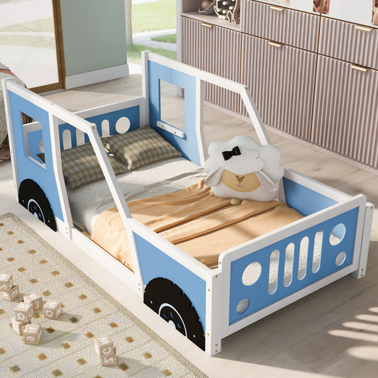 Blue Twin Size Car-Themed Platform Bed with Wheels