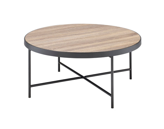 Industrial Round Coffee Table, 32-Inch, Crossbar Metal Base, Living Room Use, Weathered Gray Oak Finish