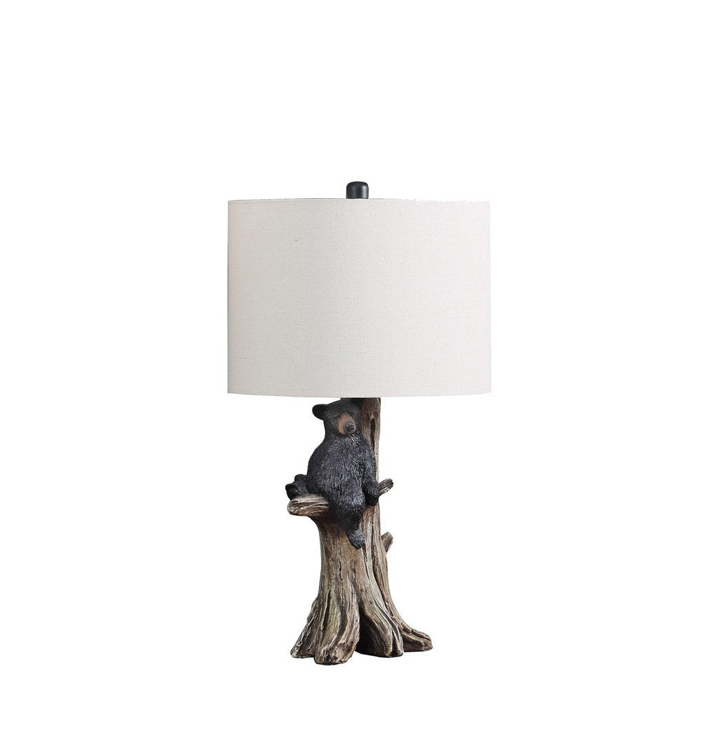 24.75-Inch Polyresin Table Lamp with Bear on Tree, Beige Cotton/Linen Drum Shade, E26 Compatible, Multicolor