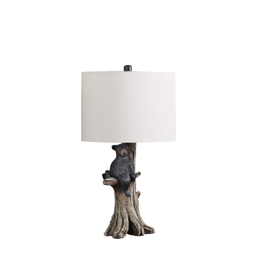 24.75-Inch Polyresin Table Lamp with Bear on Tree, Beige Cotton/Linen Drum Shade, E26 Compatible, Multicolor