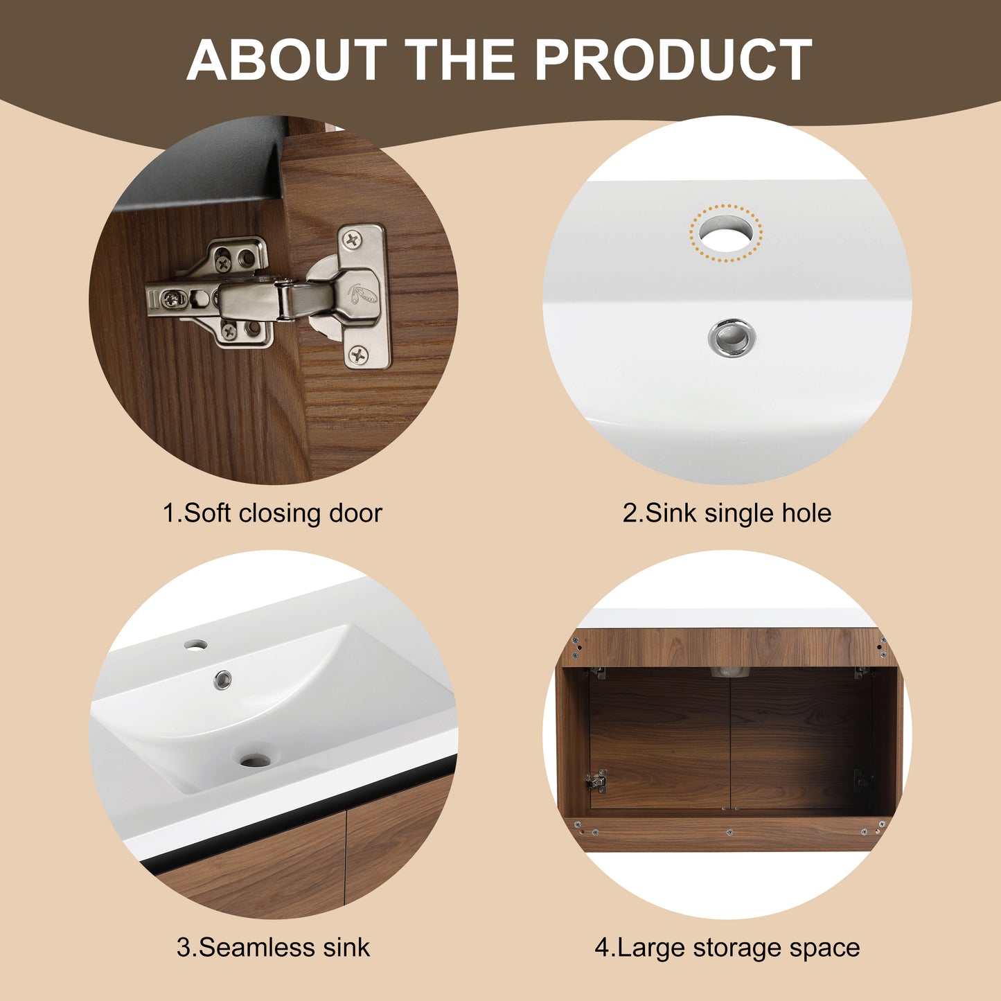 30-Inch LEVISTAR Brown Engineered Wood Bathroom Vanity with Resin Sink and Dual Door Storage Cabinet