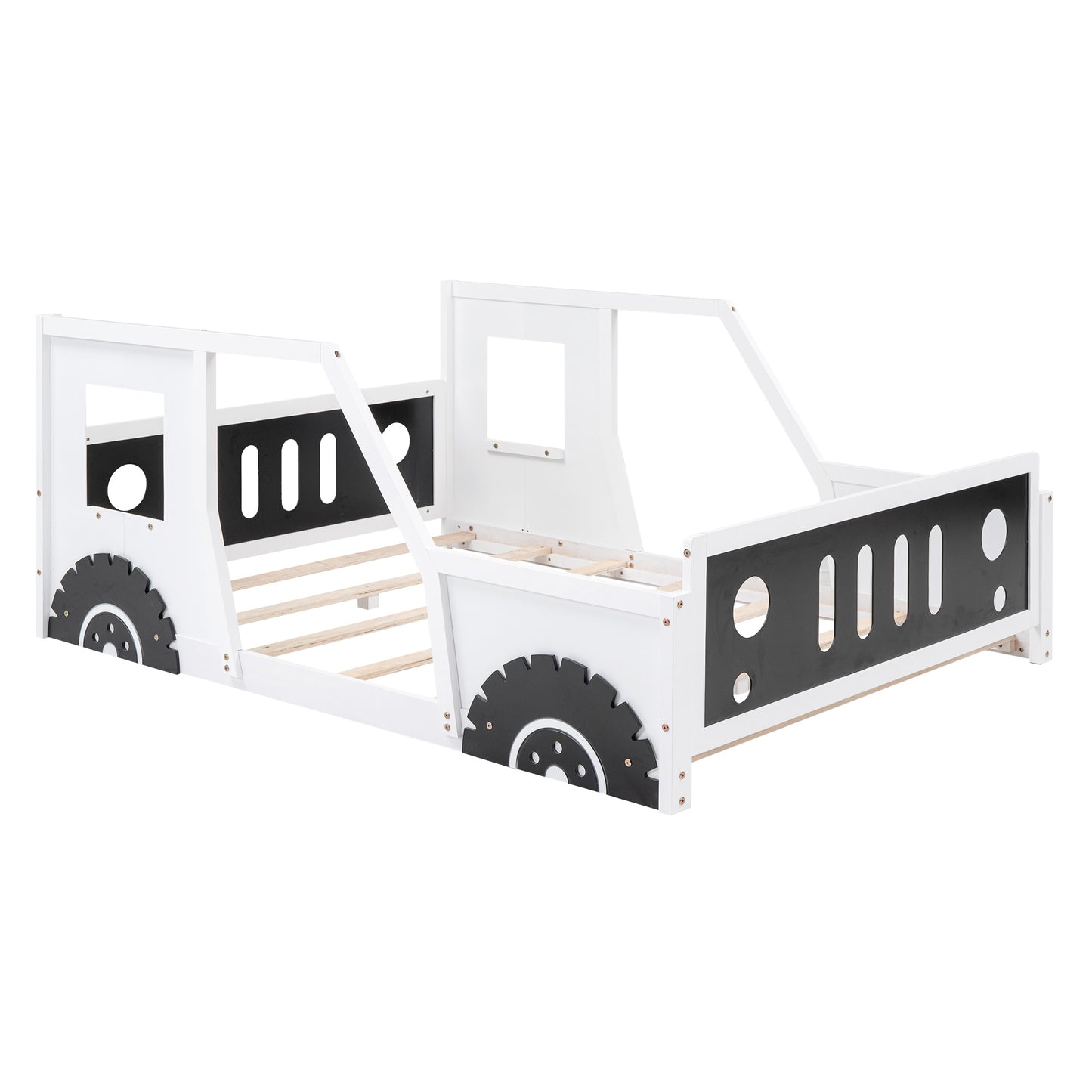 Classic Car-Themed Full Size Platform Bed with Wheels in White