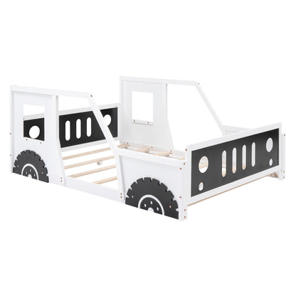 Classic Car-Themed Full Size Platform Bed with Wheels in White