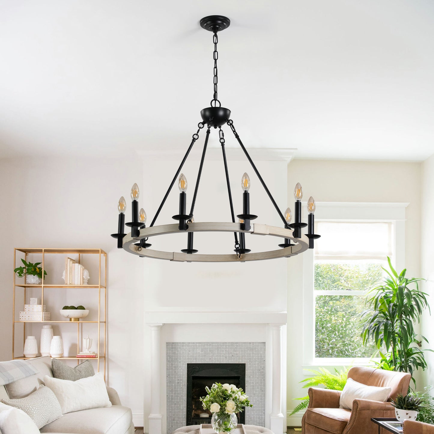 10-Light Rustic Farmhouse Round Chandelier for Dining, 31.5-in Dia, Iron & Wood, E12 Base - Matte Black