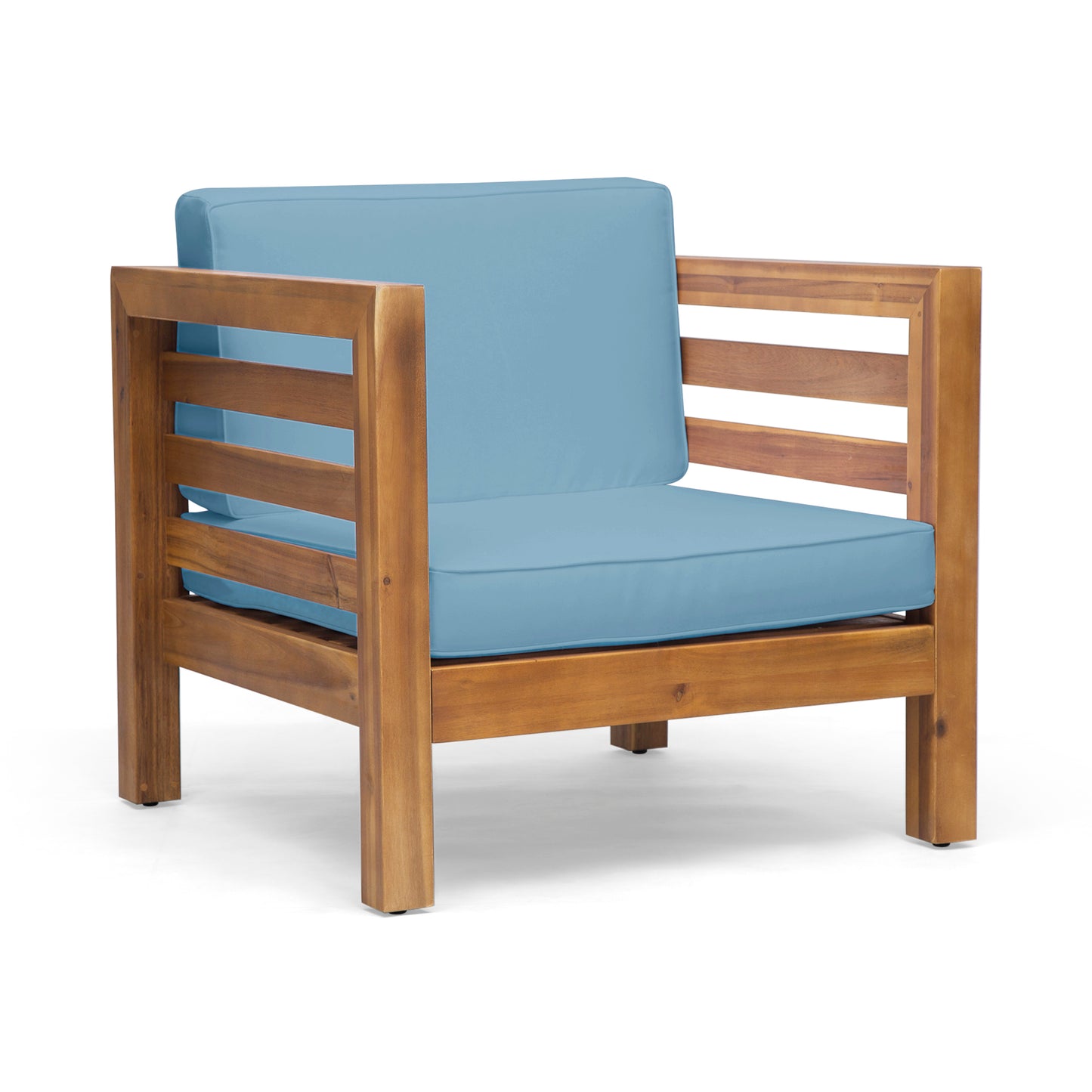 Outdoor Club Chair With Acacia Wood Frame And Fabric Cushion For Patio Or Garden Teak Finish Blue
