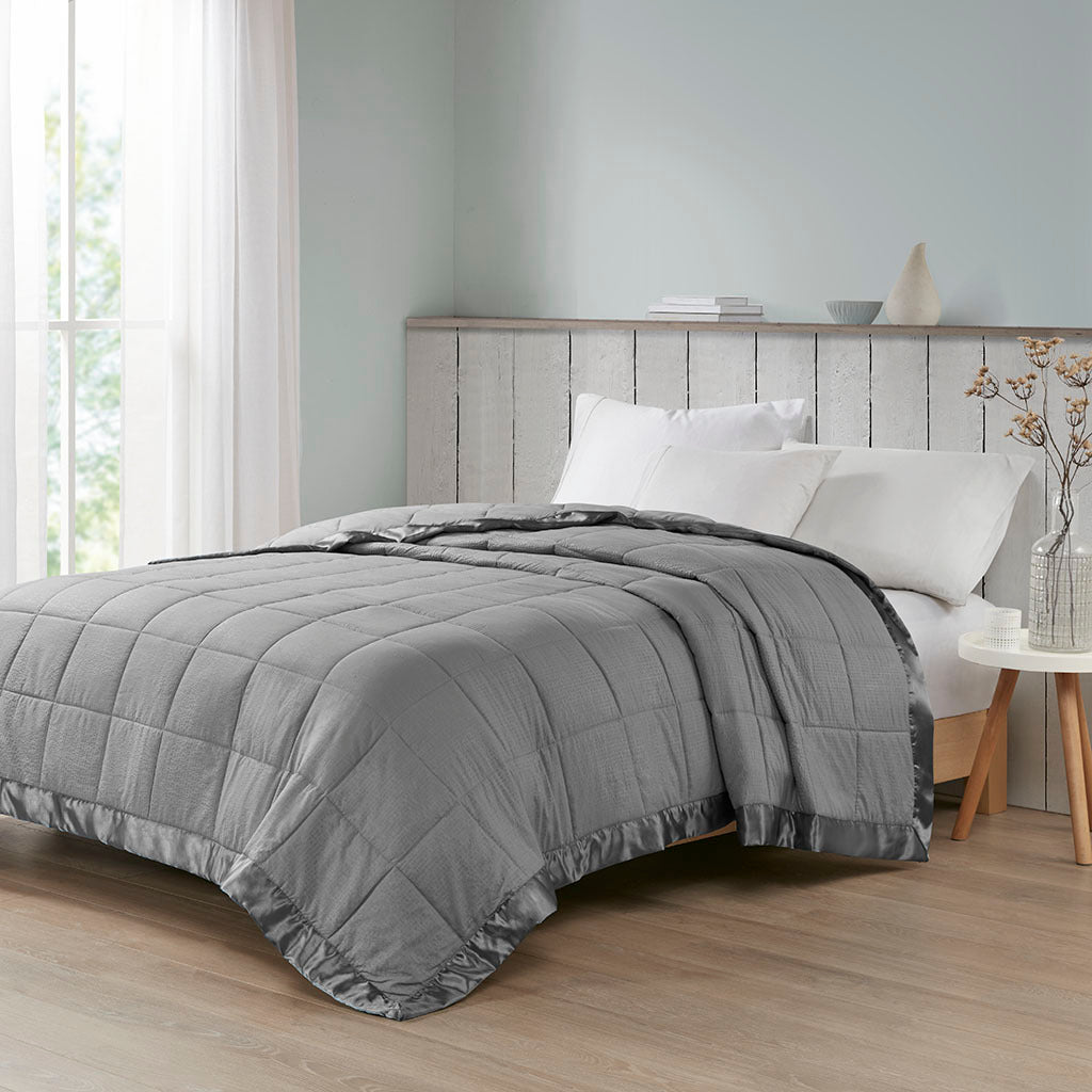 Oversized Down-Alternative Blanket with Satin Trim, Full/Queen, Hypoallergenic, Machine Washable Charcoal