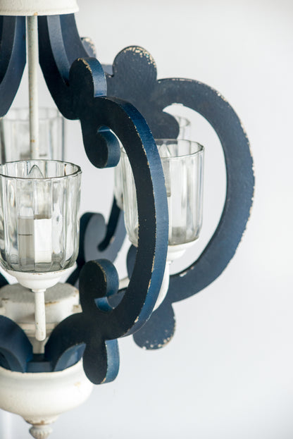 6-Light Wood Chandelier, Farmhouse Pendant for Kitchen, Living, Bulb Not Included, Navy Blue and White Finish
