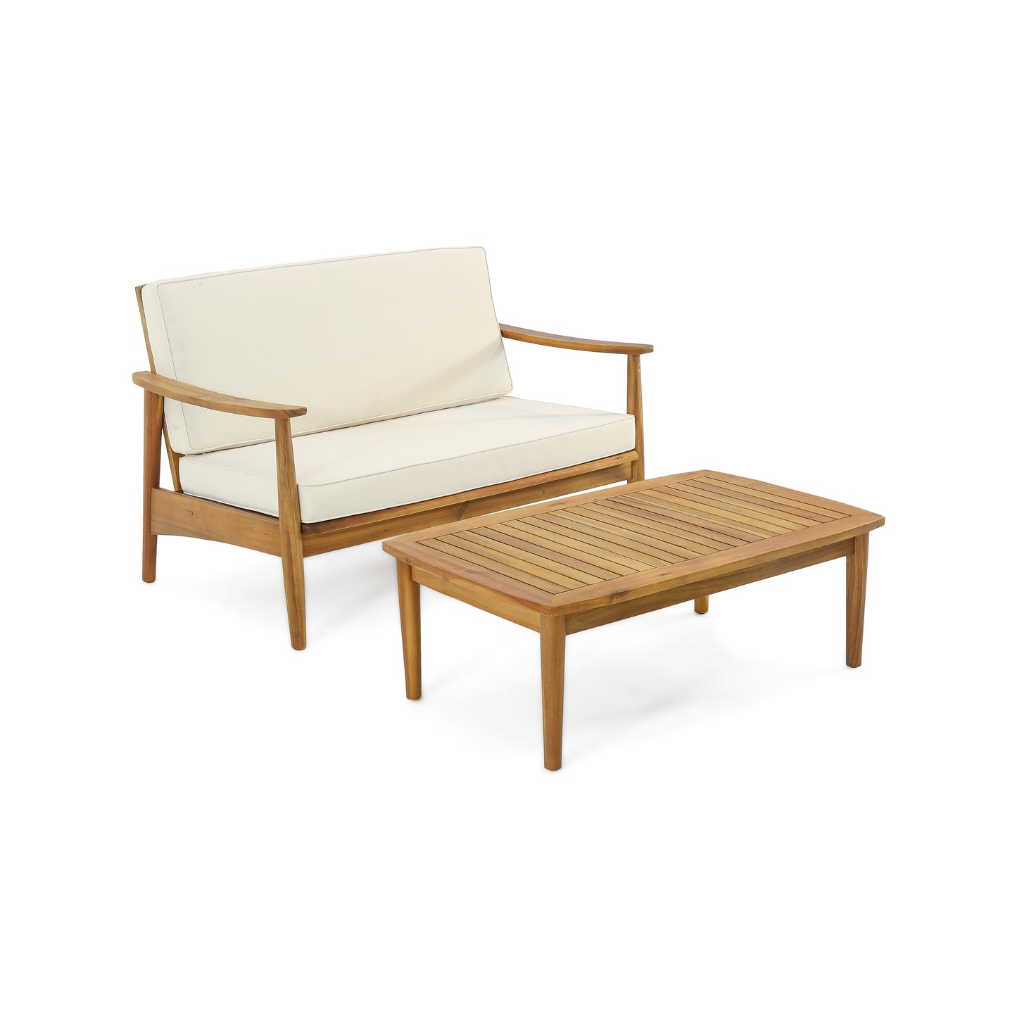 2-Piece Outdoor Patio Set With Slatted Back Loveseat And 48-Inch Coffee Table In Acacia Wood Teak
