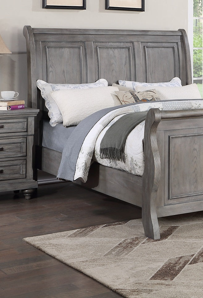 Elegant Antique Gray Oak California King Sleigh Headboard Panel Bed – Stylish Wooden Bedroom Furniture