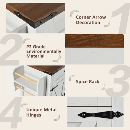 Farmhouse Rolling Kitchen Island with Power Outlet, Drop Leaf, Spice Rack, and Storage Drawers - 53.5'' White Cart for Kitchen and Dining Room