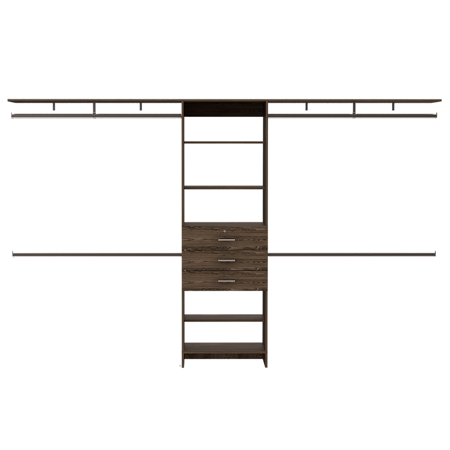 Versatile Dark Walnut Closet System with Adjustable Size, Multiple Hanging Rods, Drawers, and Shelves