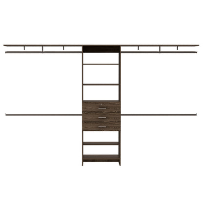 Versatile Dark Walnut Closet System with Adjustable Size, Multiple Hanging Rods, Drawers, and Shelves