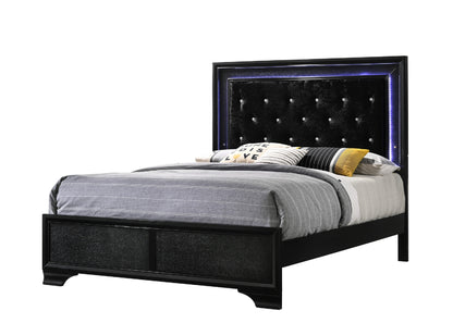Contemporary LED Queen Size Bed with Faux Diamond Tufting and Black Upholstered Finish