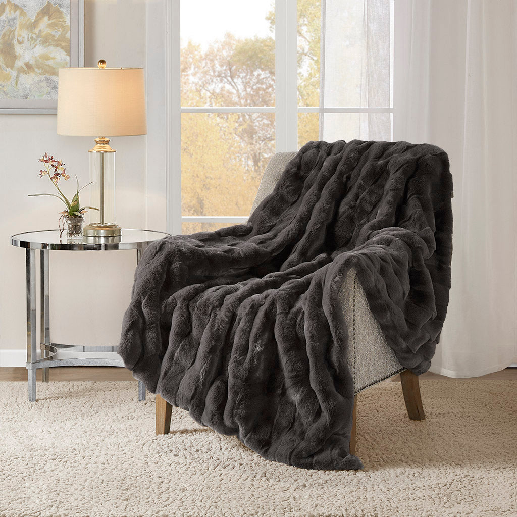 Faux Fur Throw with Basketweave Face and Crystal Velvet Back, 50 x 60, Polyester, Machine Washable Grey