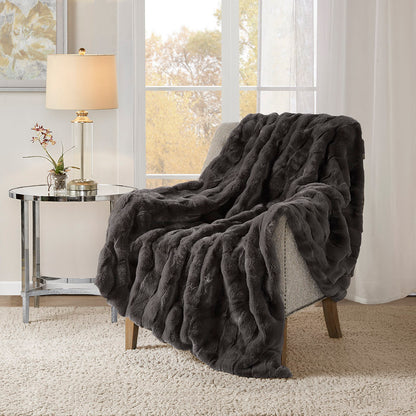 Faux Fur Throw with Basketweave Face and Crystal Velvet Back, 50 x 60, Polyester, Machine Washable Grey