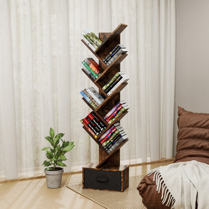 9-Tier Rustic Tree-Shaped Bookshelf with Drawer, Modern Free-Standing Organizer for Home Office and Living Room