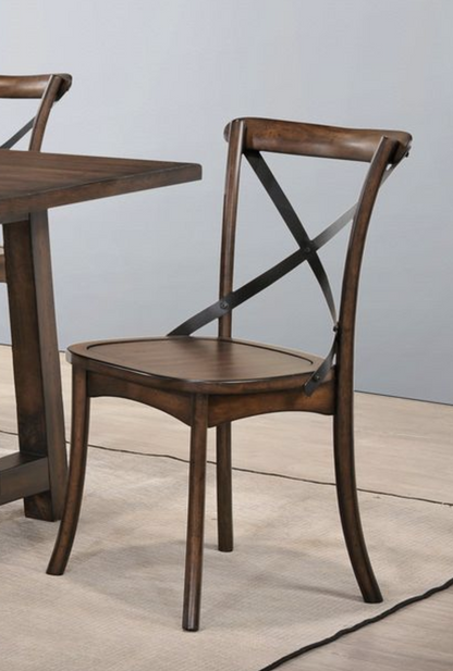 Set of 2 Dining Side Chairs, Armless, Box Seat, 21x18x35 in Dark Oak & Black Metal Finish