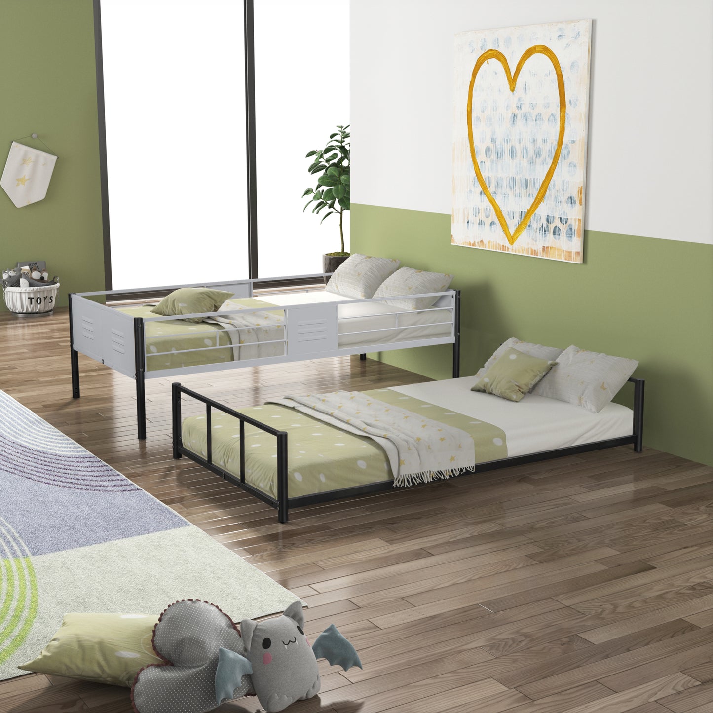 Sturdy Metal Twin Over Twin Bunk Bed with Safety Guardrail and Noise-Reduced Design