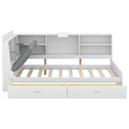 Elegant White Twin Size Platform Bed with Storage Headboard, Shelves, and Drawers