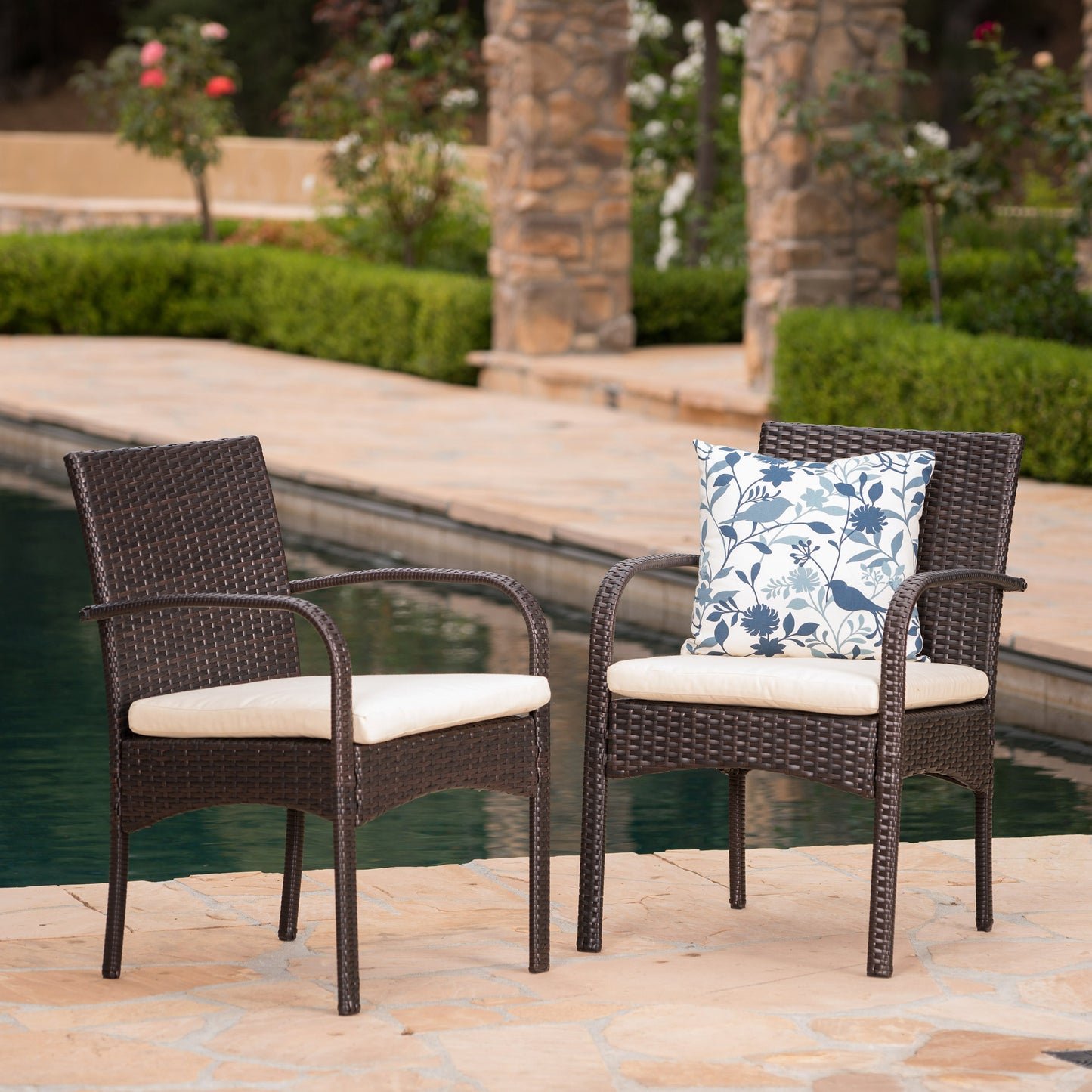 Set Of 2 KD PE Wicker Dining Chairs With Iron Frame And Waterproof Fabric For Indoor Outdoor Brown Beige