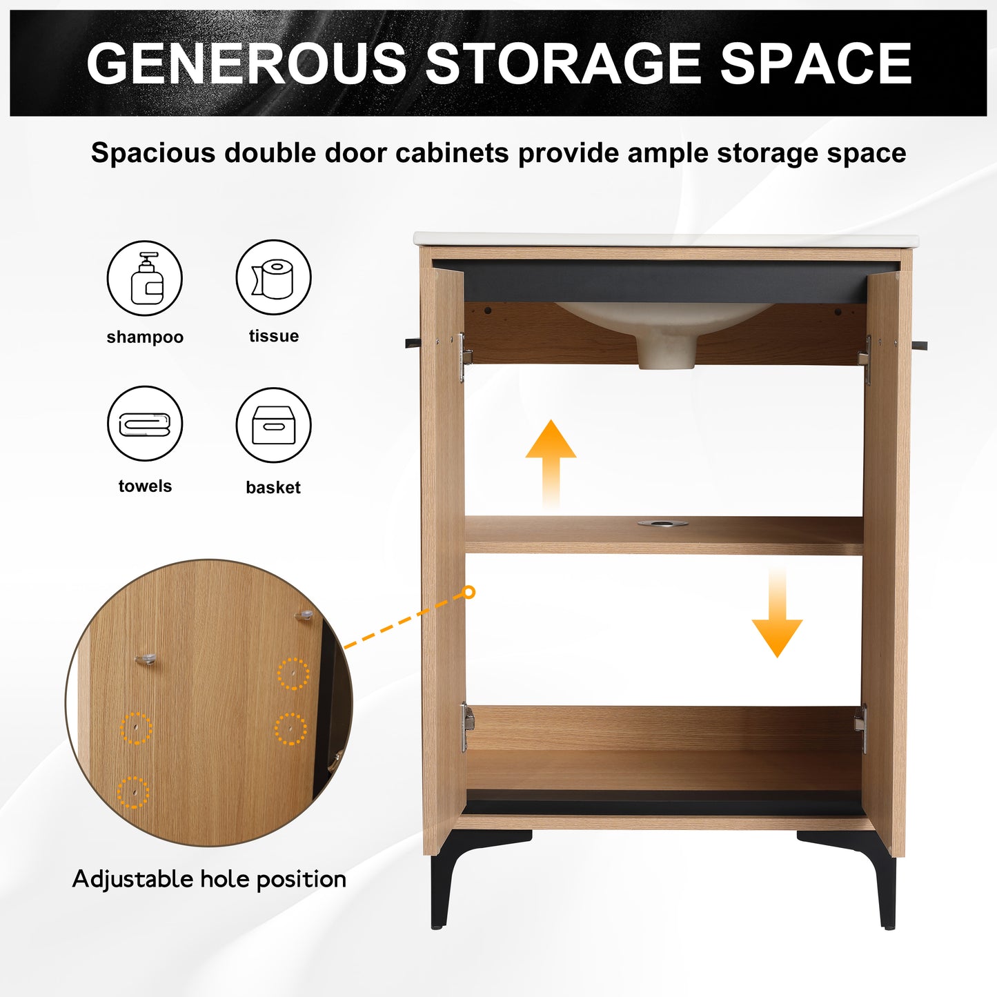 24-Inch Oak Bathroom Vanity with Ceramic Basin and Storage Cabinet