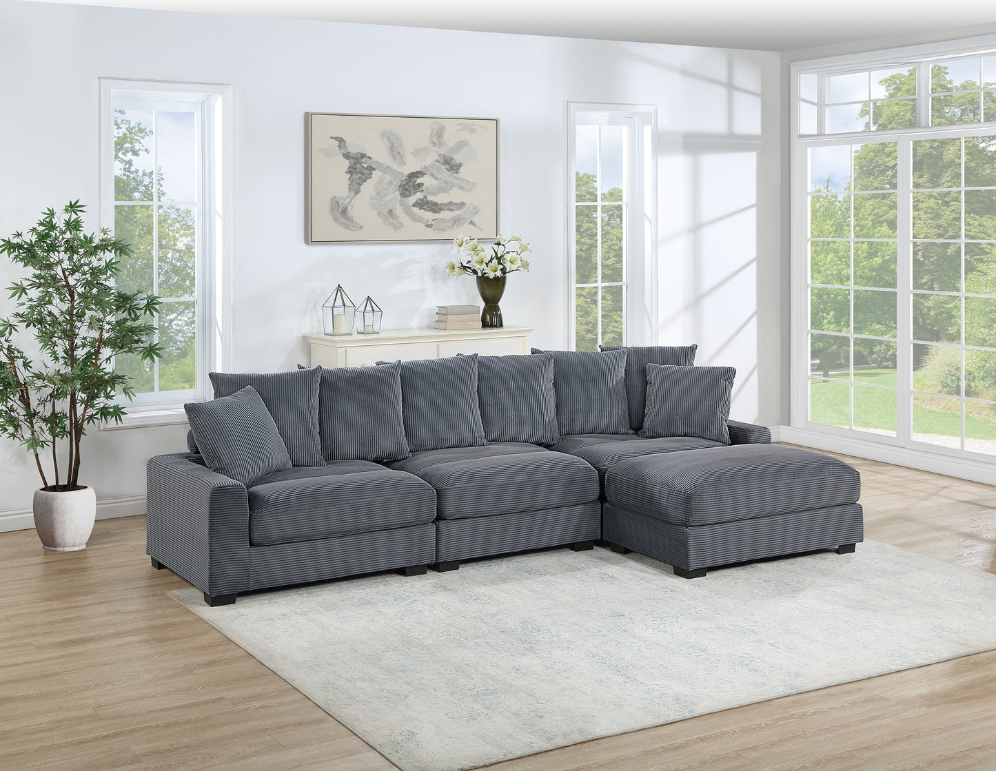 4-Piece Modular Sectional Sofa Set with Left/Right Arms & Armless Chair, Ottoman - Contemporary Dark Gray