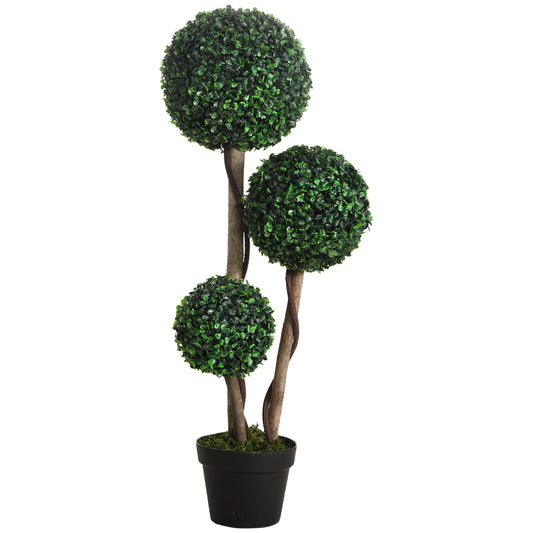 Artificial Boxwood Topiary Tree in Pot, 3-Ball Faux Plant for Indoor/Outdoor Decor, 35in Tall, Dark Green