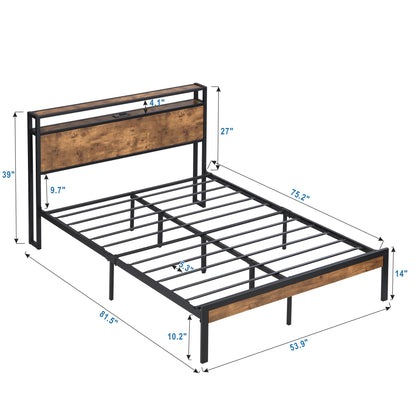 Full Size Metal Bed Frame with Wooden Headboard, LED Lights, USB Charging, No Box Spring Required, Ample Under Bed Storage, Easy Assembly