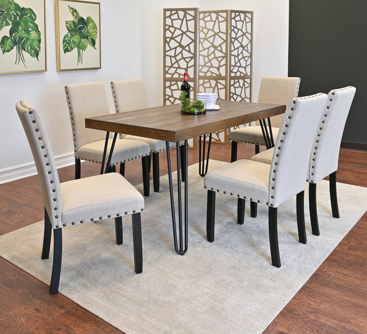 7 Piece Dining Set With Hairpin Table And Six Chairs Brown