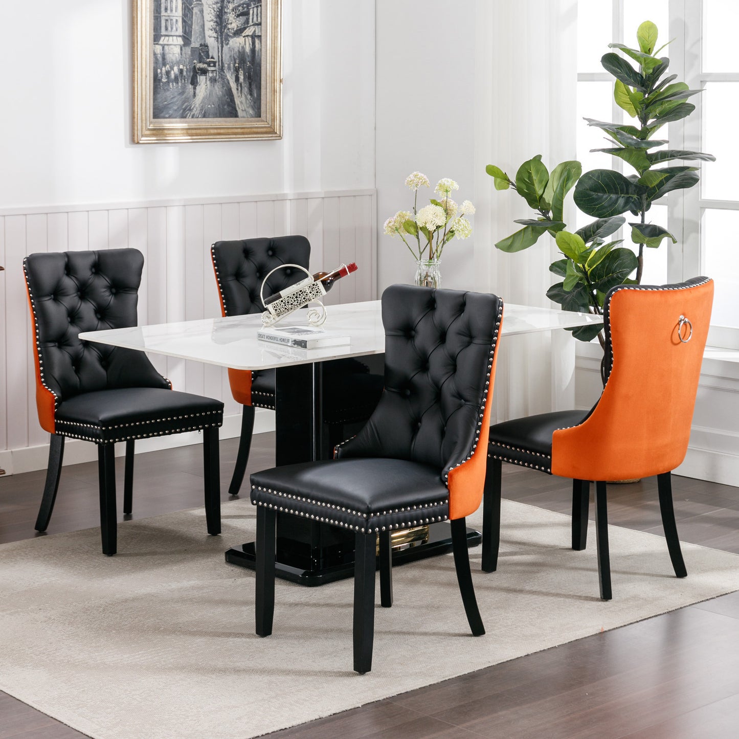 Modern Tufted Wood Dining Chair Set with PU Leather and Velvet Upholstery, Wood Legs, 2-Pcs Black/Orange