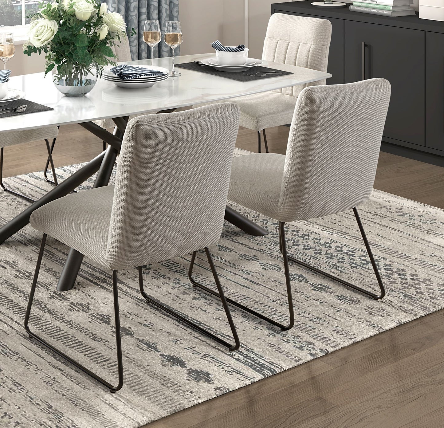 2-Piece Casual Modern Dining Chair Set, Side Chairs, Polyester Fabric, Tubular Metal Legs, Beige