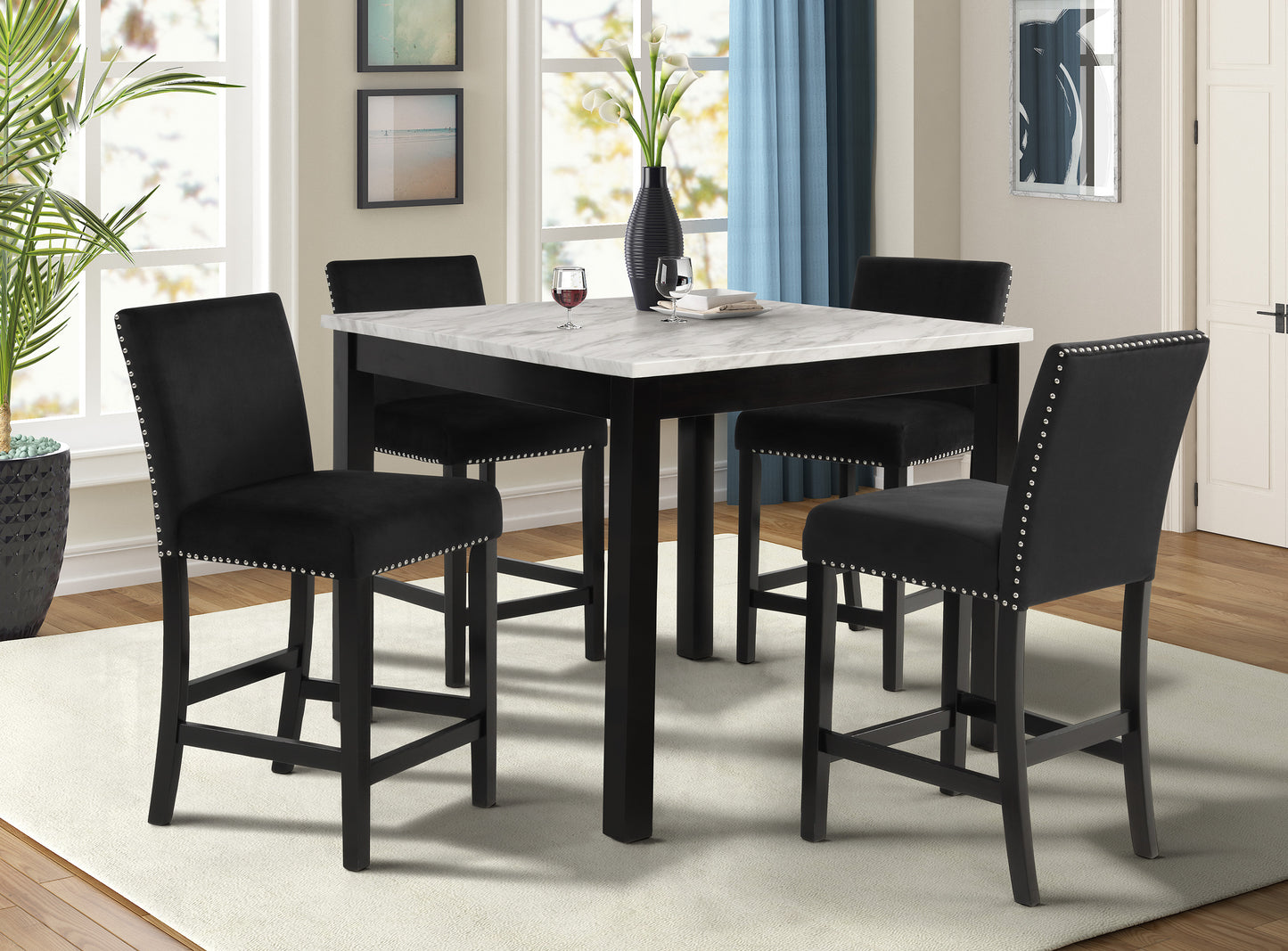 5Pc Counter Dining Set Faux Marble Velvet Chairs Black
