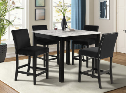 5Pc Counter Dining Set Faux Marble Velvet Chairs Black