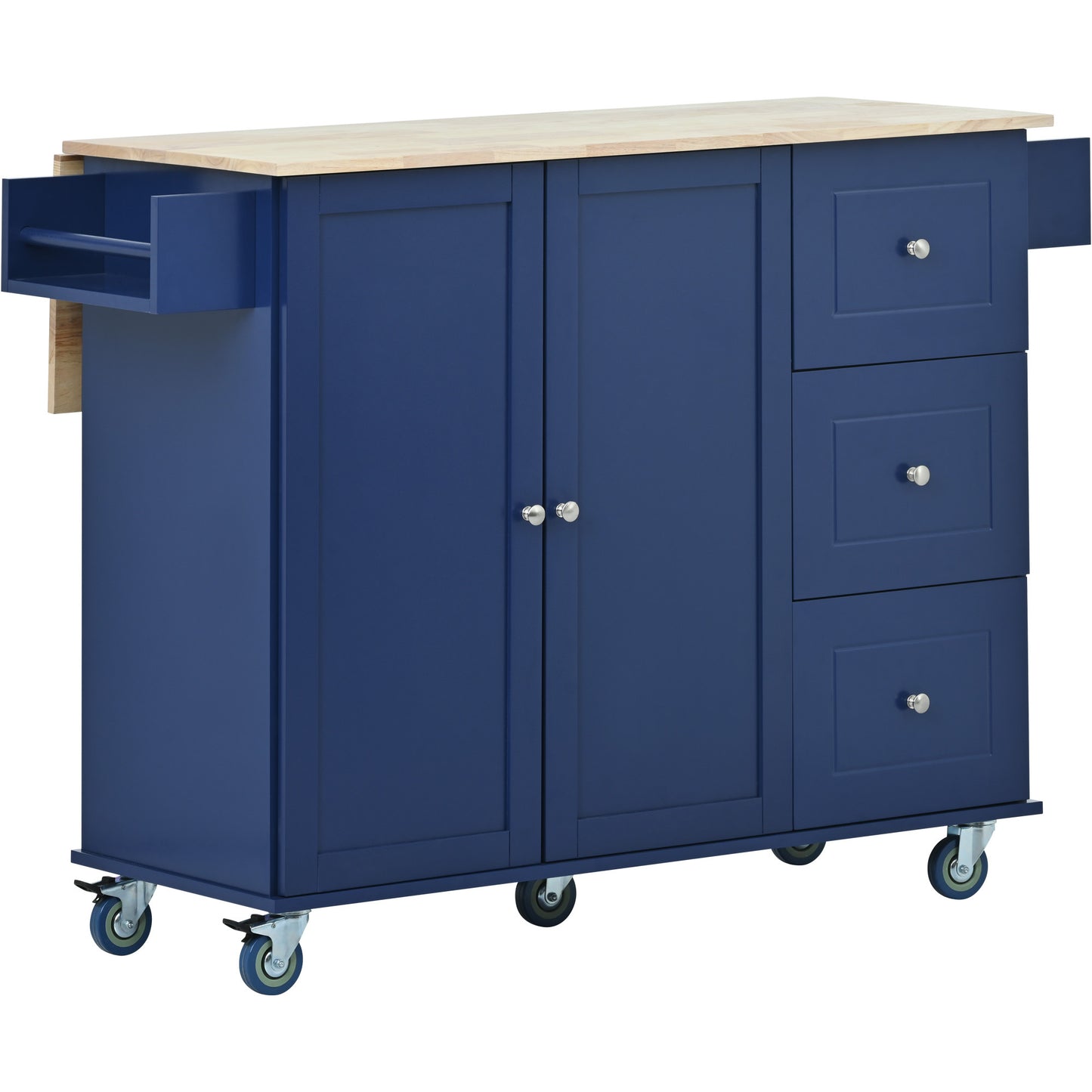 Versatile Rolling Kitchen Cart with Drop Leaf - Sturdy Solid Wood Top, Locking Wheels & Ample Storage (Dark Blue)