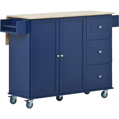 Versatile Rolling Kitchen Cart with Drop Leaf - Sturdy Solid Wood Top, Locking Wheels & Ample Storage (Dark Blue)