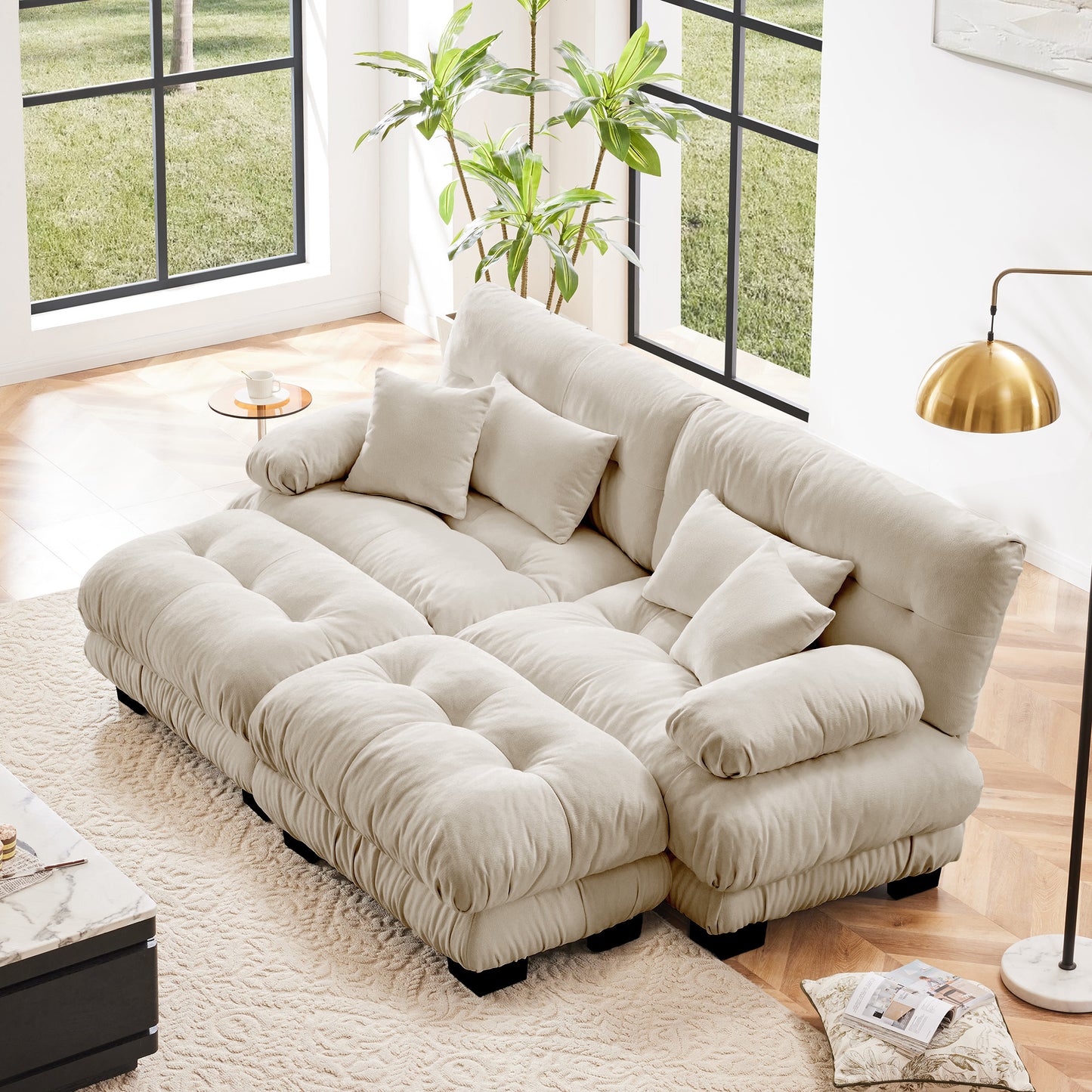 2-Seater Chenille Sleeper with 2 Lumbar & 2 Throw Pillows, Wide-Arm Couch and 2 Ottomans Light Coffee