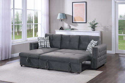 2-Piece Reversible Sectional Sofa with Pull-Out Bed, Storage-Chaise, Tufted Back, Modern Living, Gray